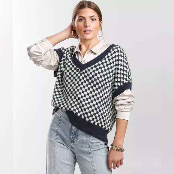 Free People Through the Motions Checkered Vest Sweater Top Navy White Sapphire S - Picture 1 of 16